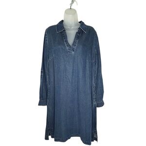 SOFT SURROUNDINGS Women M Blue Chambray Tencel Around Town Roll Tab Shift Dress.